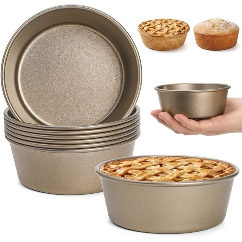 Muffin Tin Nonstick - ABUG-ミニパイパン 8個パック、4インチ再利用可能なノンスティック小型丸型マフィンケーキパン、炭素鋼パイ型ハンバーガーバンズ型