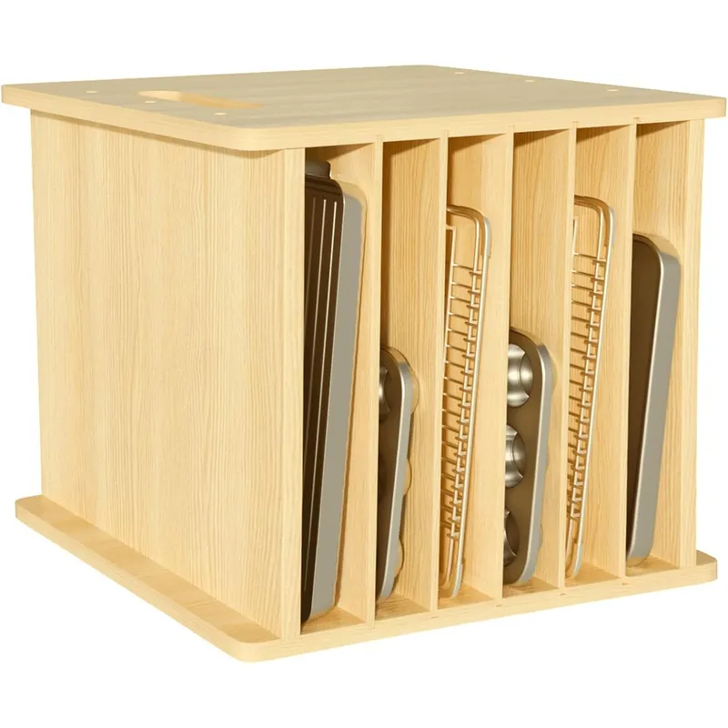 Kitchen Cabinet Baking Sheet Organizer - 7段式の木製トレイ仕切り。キャビネット用、クッキー用、鍋やフライパン用、ベーキングトレイ用、キッチン用品や書類の整理に。