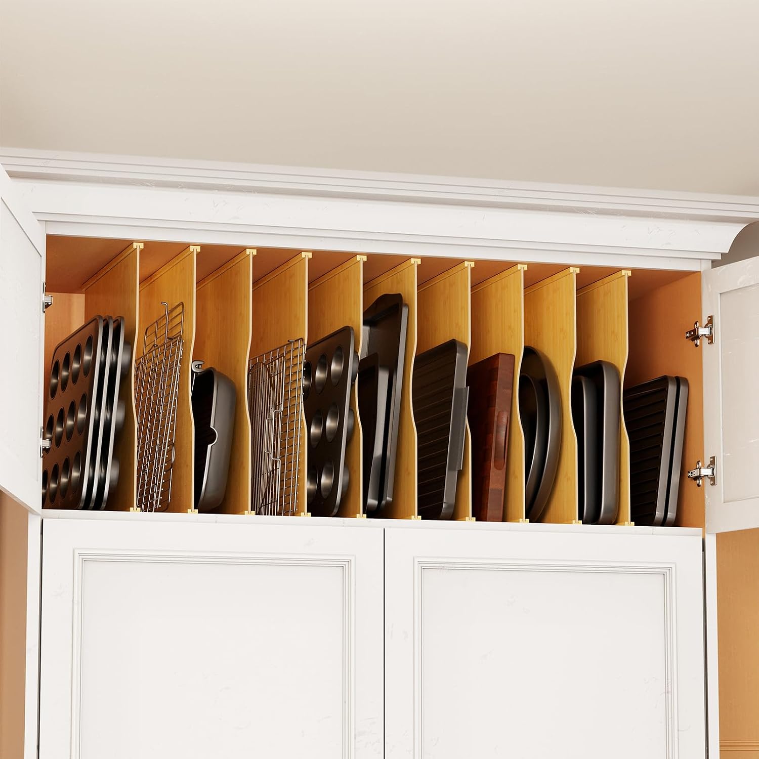 Kitchen Cabinet Baking Sheet Organizer - 10個入り竹製トレイ仕切り板（キッチンキャビネット用）、縦型ベーキングシート＆クッキーパンオーガナイザー、キャビネットやパントリー整理用のベーキング用品収納仕切り板