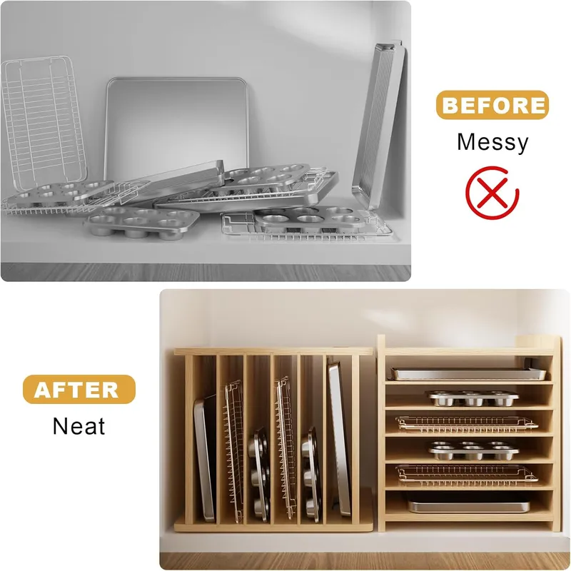 7段式の木製トレイ仕切り。キャビネット用、クッキー用、鍋やフ - Kitchen Cabinet Baking Sheet Organizer のレビューと価格